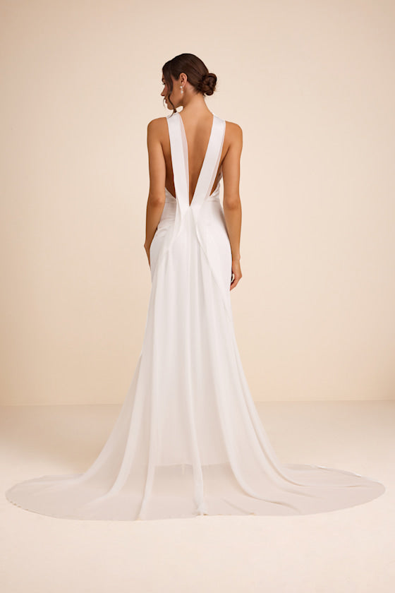 Perilla White Satin Mock Neck Column Maxi Dress