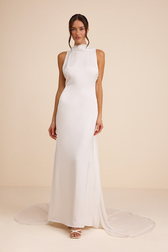 Perilla White Satin Mock Neck Column Maxi Dress