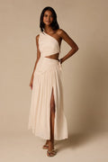 Vega Light Beige Pleated Asymmetrical Cutout Maxi Dress