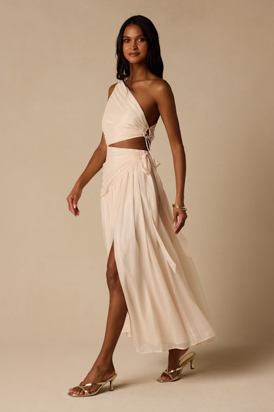 Vega Light Beige Pleated Asymmetrical Cutout Maxi Dress