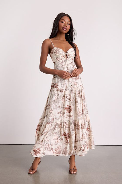Molana Cream Botanical Print Tiered Maxi Dress