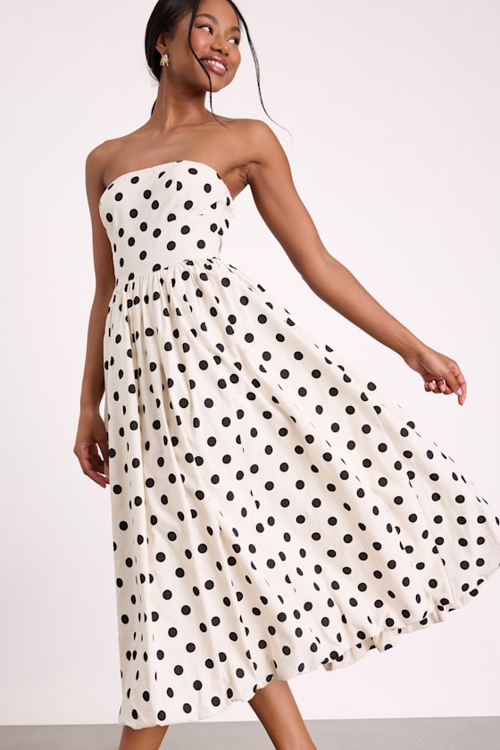 Terrance Ivory Polka Dot Strapless Bubble-Hem Midi Dress