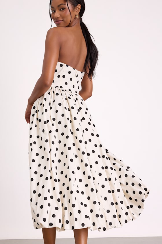 Terrance Ivory Polka Dot Strapless Bubble-Hem Midi Dress