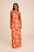Rawya Orange Floral Strapless Maxi Dress and Scarf Set
