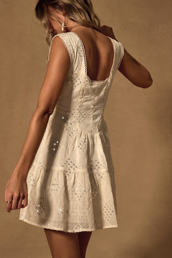 Antionette Cream Embroidered Sequin Button-Front Mini Dress