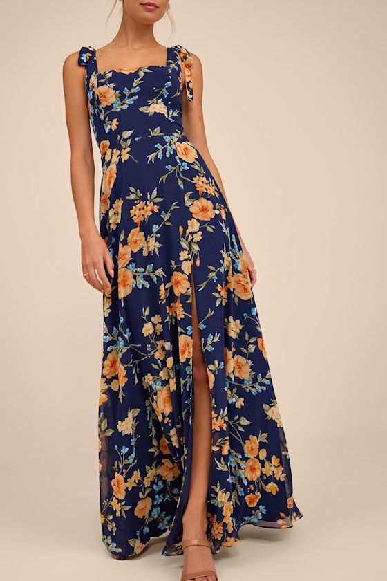 Love Me Forever Navy Blue Floral Square Neck Maxi Dress
