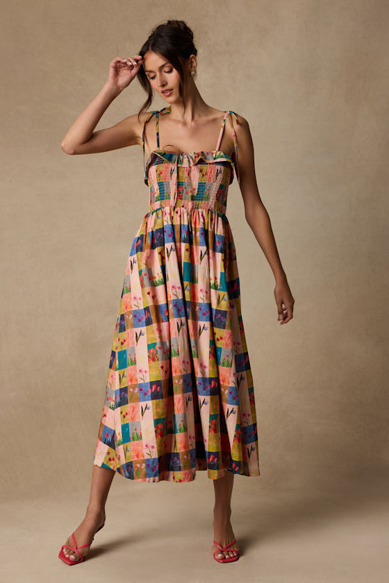 Alessandra Blush Multi Gingham Floral Tie-Strap Midi Dress