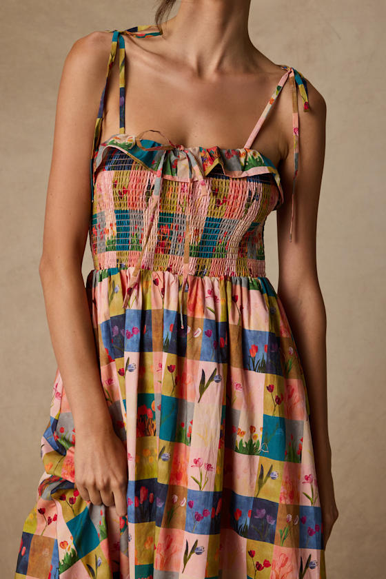 Alessandra Blush Multi Gingham Floral Tie-Strap Midi Dress