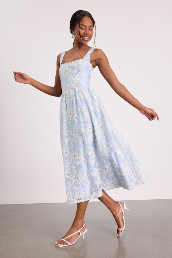 Noble Light Blue Eyelet Embroidered Midi Dress