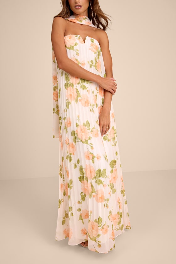 Lael White Floral Pleated Strapless Dress and Scarf Set
