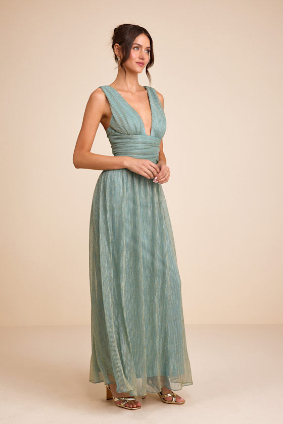 Evaluna Sage Green Lurex Pleated Maxi Dress