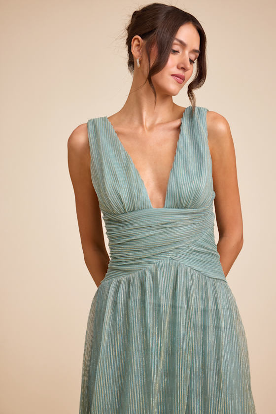 Evaluna Sage Green Lurex Pleated Maxi Dress