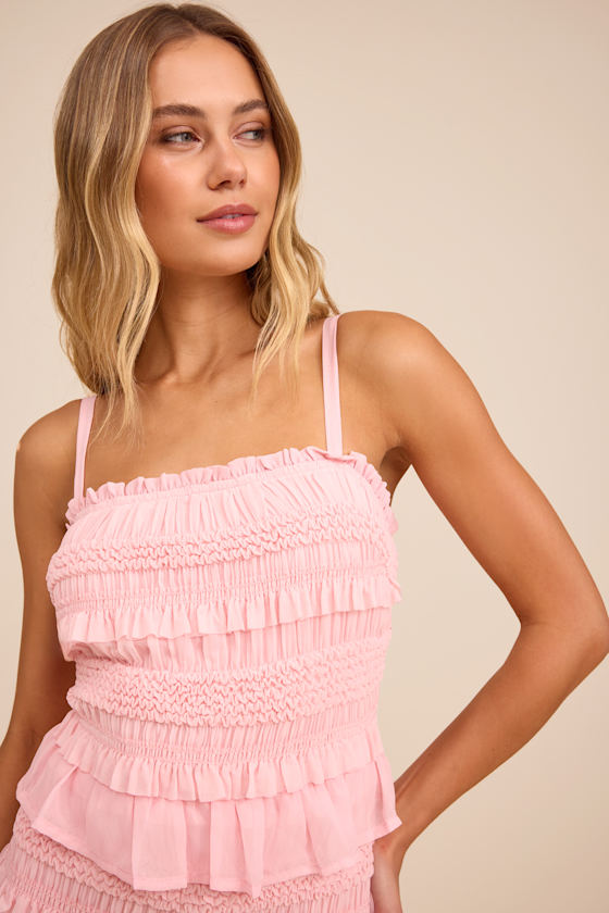 Harley Light Pink Smocked Ruffled Midi Dress