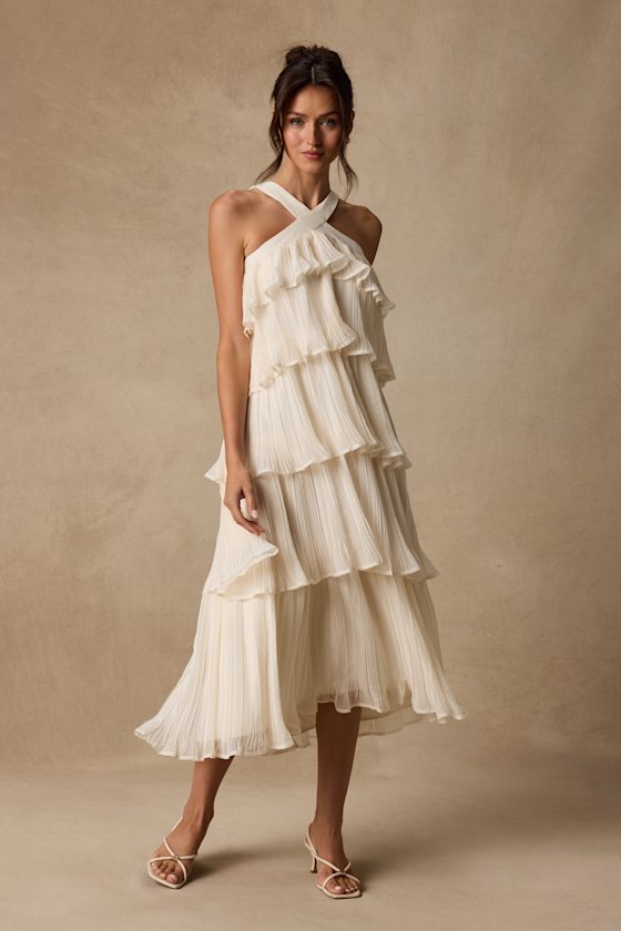 Lauretta Ivory Plisse Tiered Midi Dress