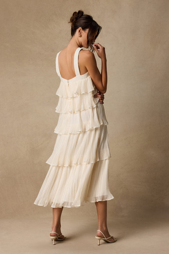 Lauretta Ivory Plisse Tiered Midi Dress