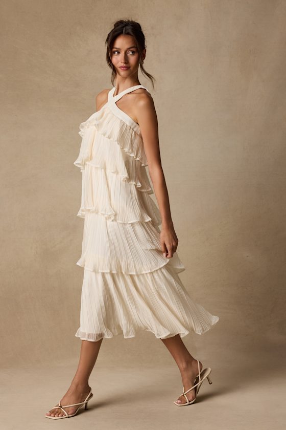 Lauretta Ivory Plisse Tiered Midi Dress