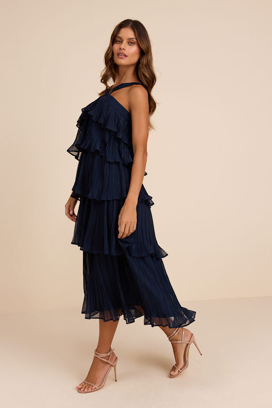 Lauretta Navy Plisse Tiered Midi Dress
