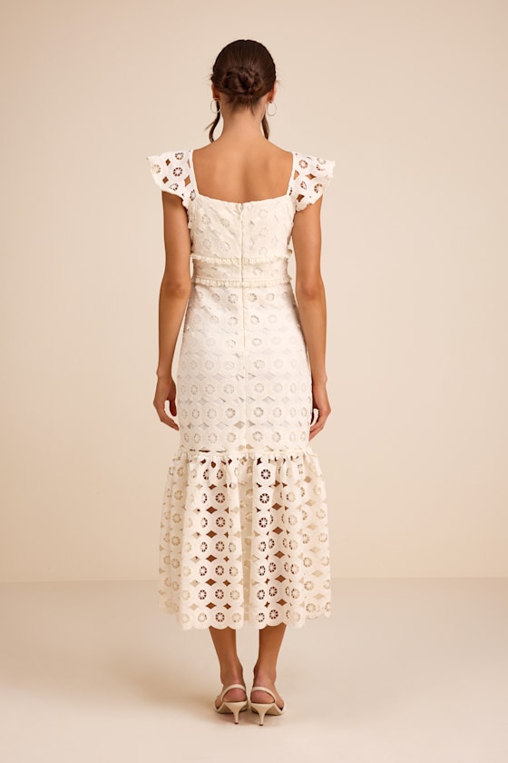 Adalyn Cream Crochet Lace Trumpet Midi Dress