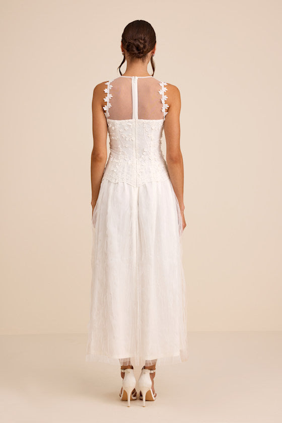 Bina White Embroidered Sleeveless Midi Dress