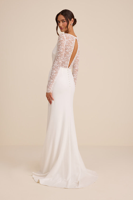 Brooks White Lace Boat Neck Mermaid Maxi Dress