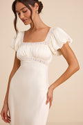 Catherine Ivory Satin Puff Sleeve Slip Midi Dress