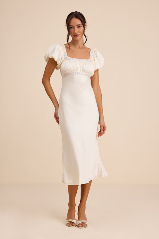 Catherine Ivory Satin Puff Sleeve Slip Midi Dress