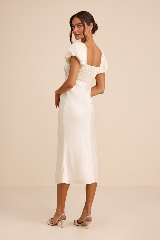 Catherine Ivory Satin Puff Sleeve Slip Midi Dress