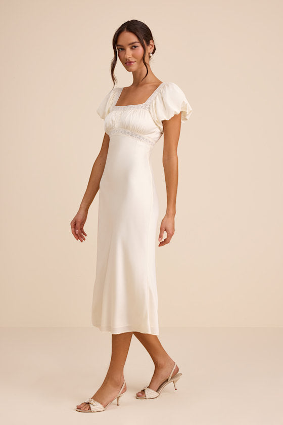 Catherine Ivory Satin Puff Sleeve Slip Midi Dress