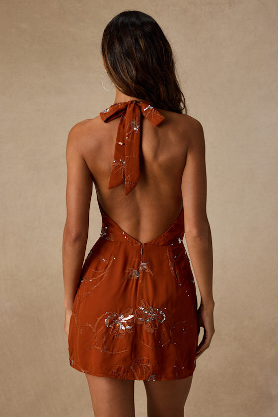 Hazel Burnt Orange Cowl-Front Mini Dress