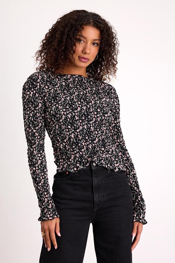 Elva Black Floral Smocked Long Sleeve Top