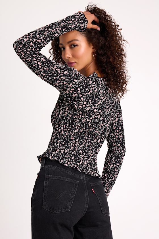 Elva Black Floral Smocked Long Sleeve Top