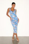Sambra Blue Floral Sequin Tie-Front Midi Dress