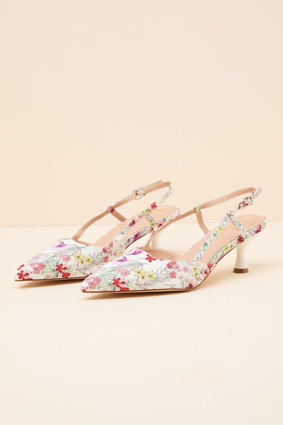 Talia White Floral Pointed-Toe Slingback Pumps