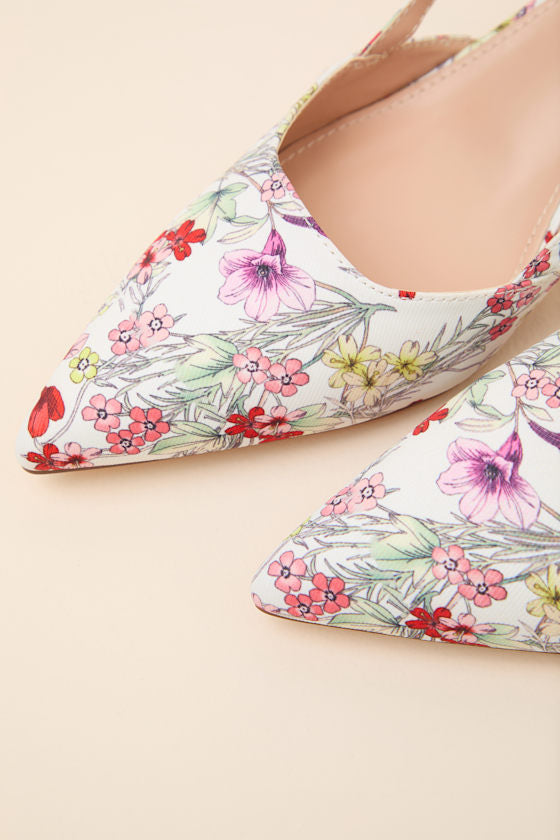 Talia White Floral Pointed-Toe Slingback Pumps