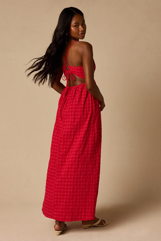 Tamilyn Red Gingham Lace-Up Maxi Dress