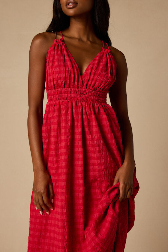 Tamilyn Red Gingham Lace-Up Maxi Dress
