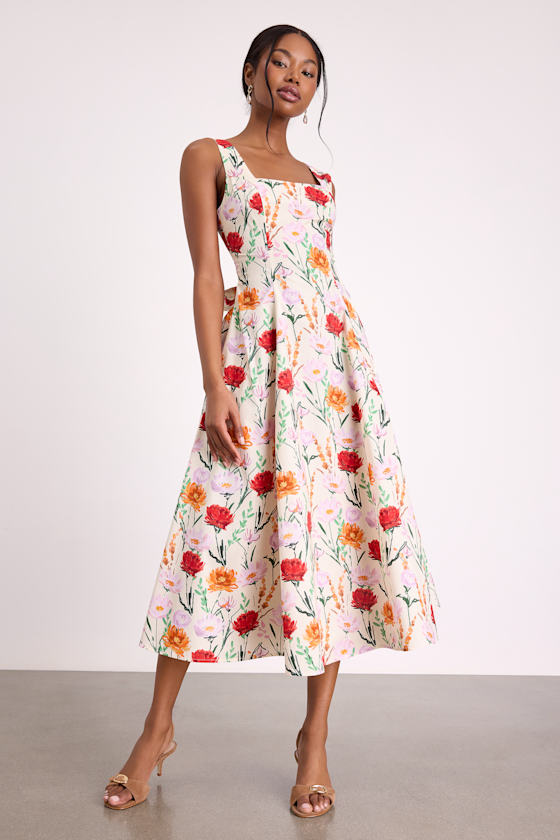 Anneke Ivory Multi Floral Backless Midi Dress