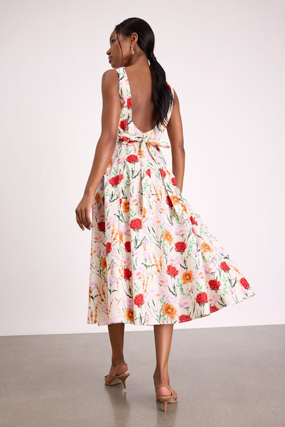 Anneke Ivory Multi Floral Backless Midi Dress