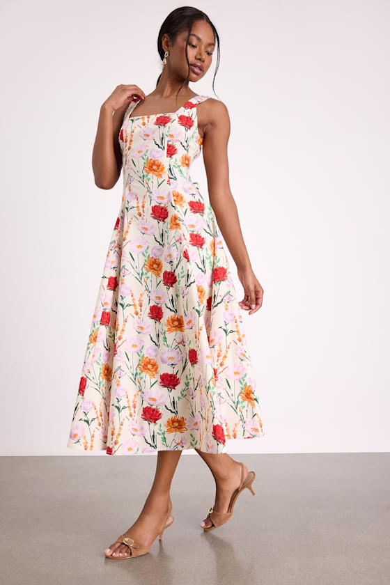 Anneke Ivory Multi Floral Backless Midi Dress