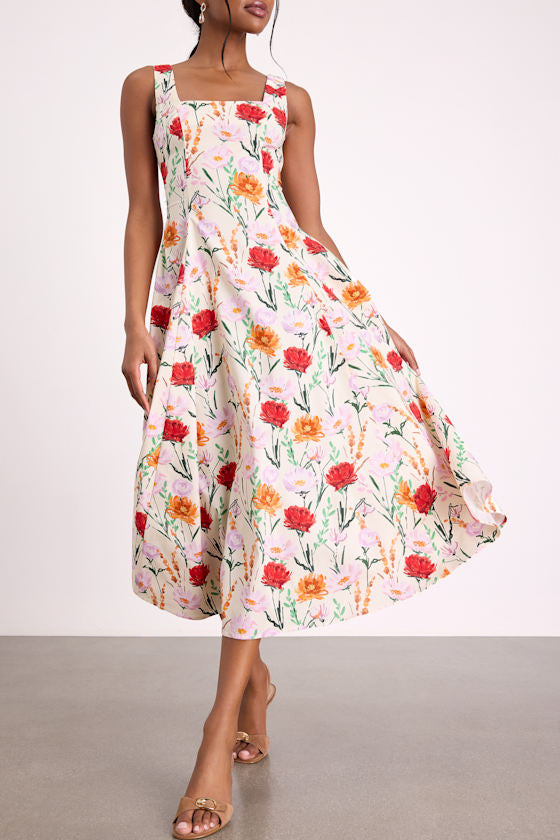 Anneke Ivory Multi Floral Backless Midi Dress