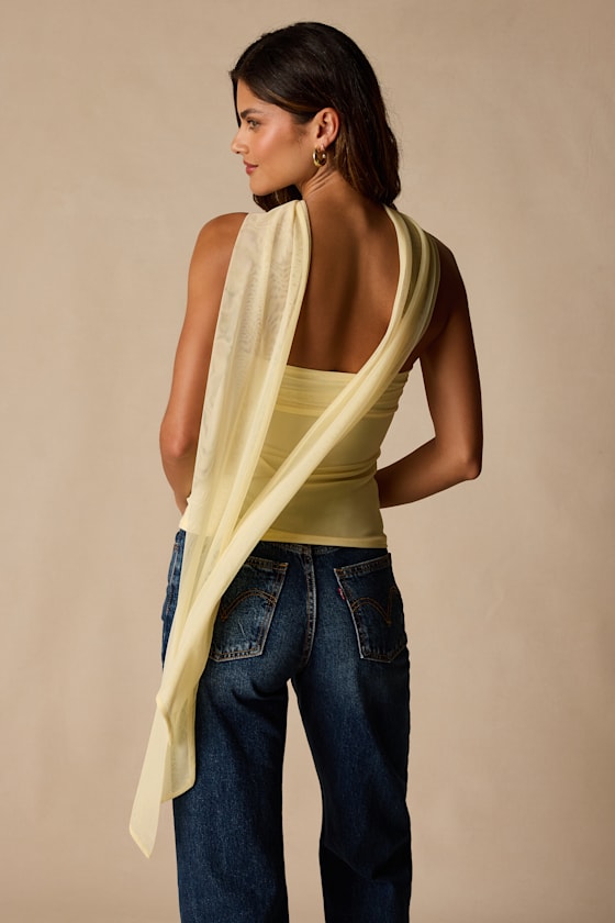 Genevieve Light Yellow Mesh Sash Scarf Strapless Top