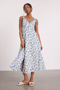 Fenley Ivory and Blue Ivory Floral Button-Front Midi Dress