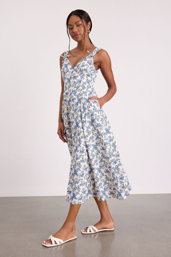 Fenley Ivory and Blue Ivory Floral Button-Front Midi Dress