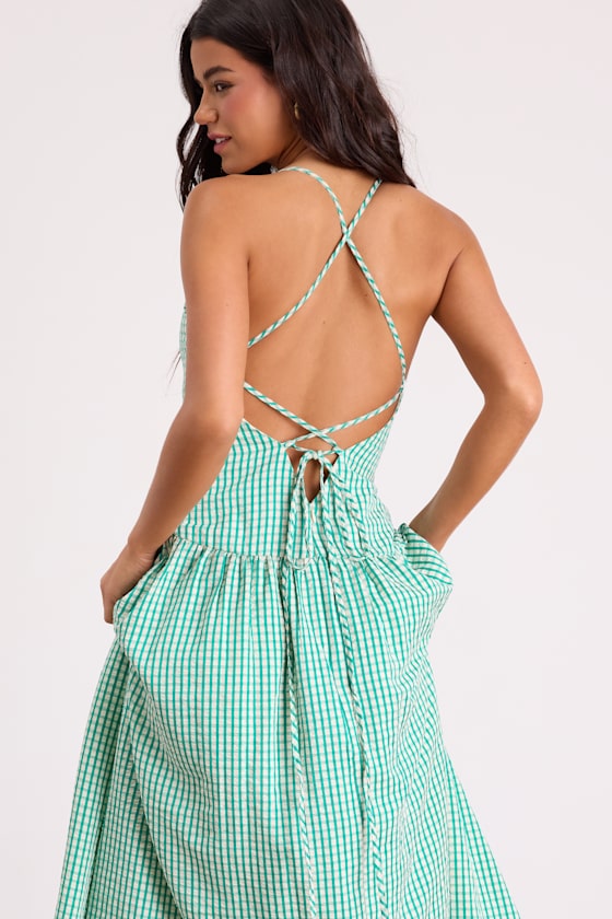Lanny Green Gingham Lace-Up Midi Dress