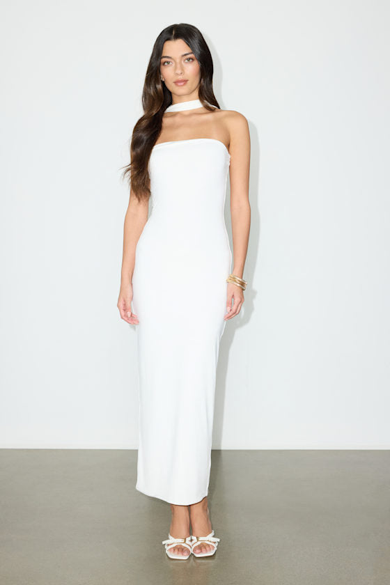 Chantal White Jersey Knit Scarf Column Maxi Dress