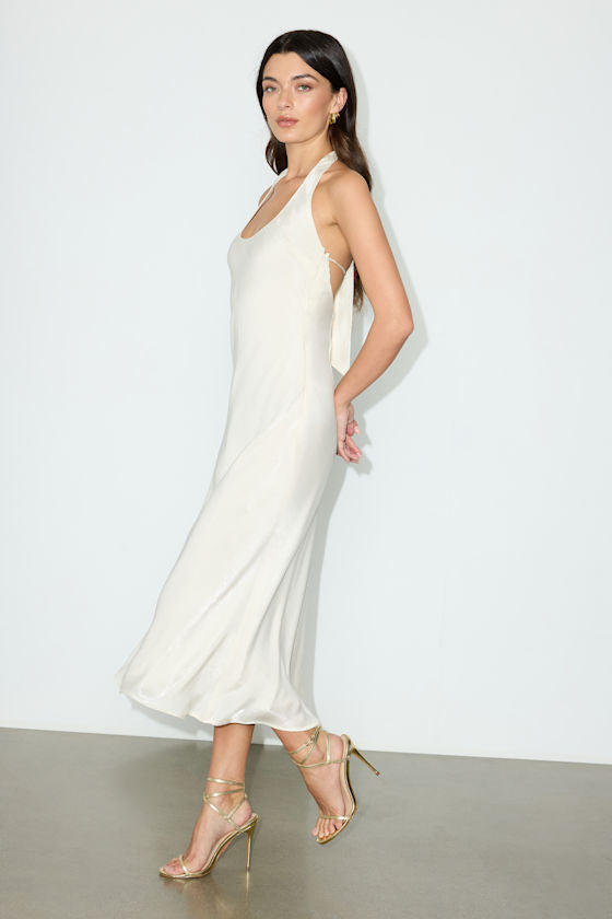 Olandria Ivory Halter Midi Slip Dress