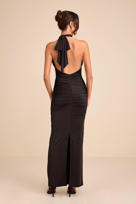 Seraiah Black Knotted Ruched Halter Maxi Dress