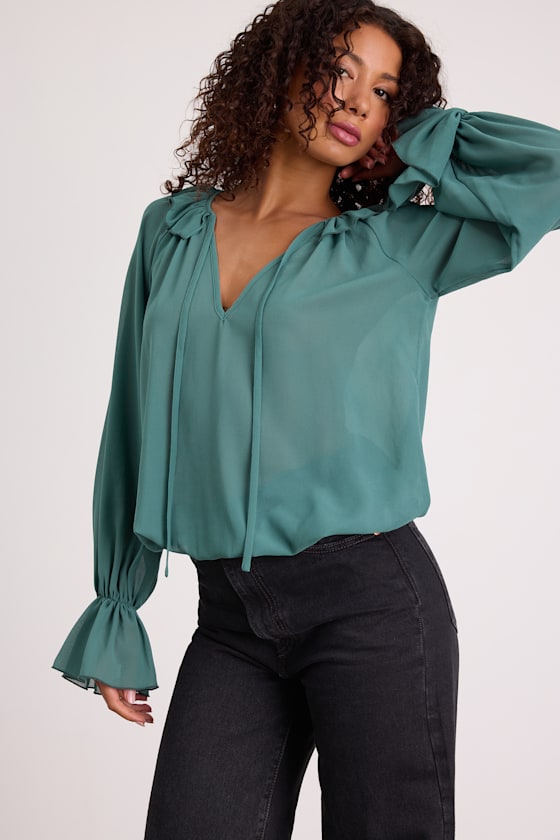 Florencia Teal Ruffled Long Sleeve Top
