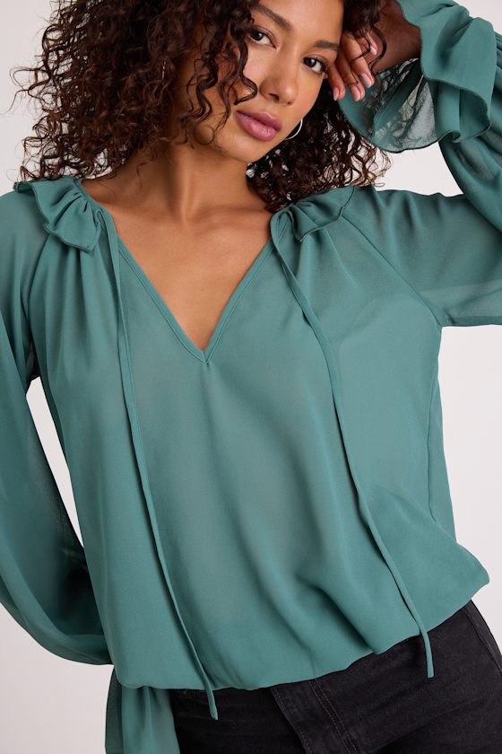 Florencia Teal Ruffled Long Sleeve Top