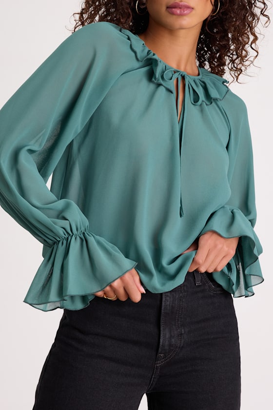 Florencia Teal Ruffled Long Sleeve Top